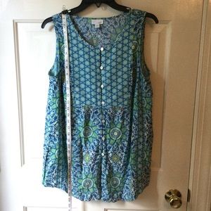 J Jill sleeveless button front top blue green print size medium
